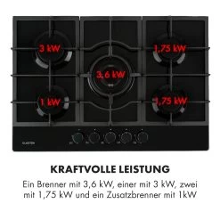 Ignito 5 Zonen Gaskochfeld 5-flammig Sabaf-Brenner Glaskeramik Schwarz 17 Ignito 5 Zonen Gaskochfeld 5-flammig Sabaf-Brenner Glaskeramik Schwarz -Klarstein 10033133 de 0007 logo