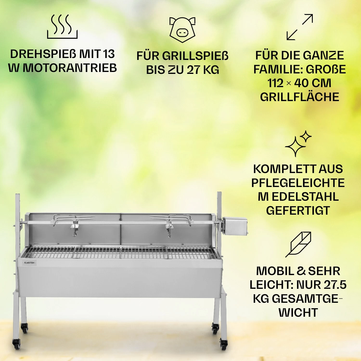 Sauenland Pro Spanferkelgrill Drehspieß 13W 4 Rollen Edelstahl 4 Sauenland Pro Spanferkelgrill Drehspieß 13W 4 Rollen Edelstahl – Bild 2