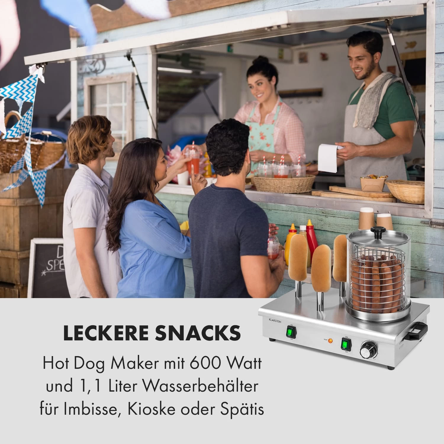 Wurstfabrik 600 Hot Dog Maker 600W 3 Spieße 5L 30-100°C Glas Edelstahl 4 Wurstfabrik 600 Hot Dog Maker 600W 3 Spieße 5L 30-100°C Glas Edelstahl – Bild 2