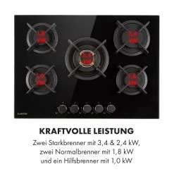 Goldflame 5 Gaskochfeld 5-flammig Messing-Brenner Glaskeramik Schwarz -Klarstein 10034973 de 0006 logo