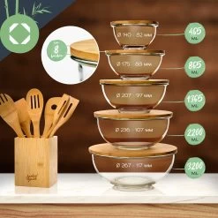 Glasschüssel 5er-Set Bambusdeckel Verschließbar BPA-frei Stapelbar -Klarstein 10038268 yy 0008 logo