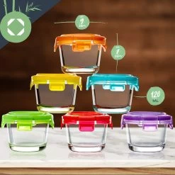 Babygläser 6er-Set Bunte Deckel Luftdichter Verschluss Geschmacksecht -Klarstein 10038298 yy 0008 logo