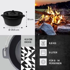 Guernsey Premium Dutch Oven 9.0 BBQ-Topf Gusseisen Voreingebrannt Größe L / 9 Qt -Klarstein 10038639 de 0004 usp