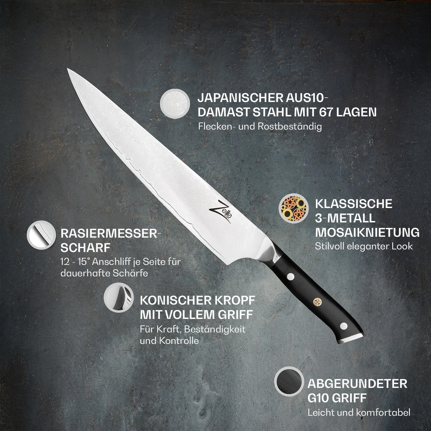 Alpha-Royal Japanese Serie 10" Chefkochmesser Damaszener-Stahl 4 Alpha-Royal Japanese Serie 10" Chefkochmesser Damaszener-Stahl – Bild 2