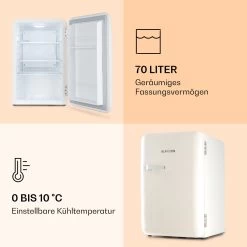 Audrey Retro-Kühlschrank 70 Liter 3 Regale 2 Türfächer Innenbeleuchtung -Klarstein 10039694 de 0004 logo