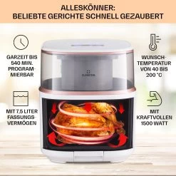 Air Bloom Heißluftfritteuse Dampffunktion 1500W 7,5 Liter 16 Programme 11 Air Bloom Heißluftfritteuse Dampffunktion 1500W 7,5 Liter 16 Programme -Klarstein 10040496 de 0003 usp