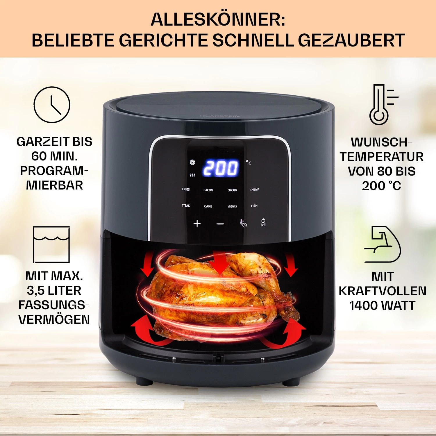 Crisp-Pro Heißluftfritteuse Air Fryer 1400W 3,5 Ltr 8 Programme Timer 4 Crisp-Pro Heißluftfritteuse Air Fryer 1400W 3,5 Ltr 8 Programme Timer – Bild 2