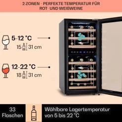 Vinamour 33 Duo Weinkühlschrank 2 Zonen 89 L / 33 Flaschen 5-18°C Touch -Klarstein 10041311 de 0003 logo